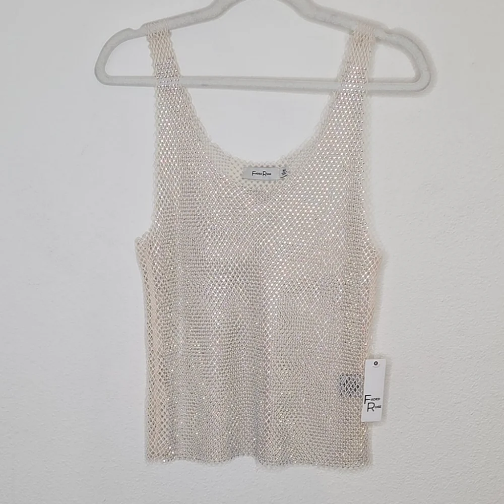 Faded Rose Mesh And Rhinestone Cream Tank Top - Size Medium - Picture 4 of 16